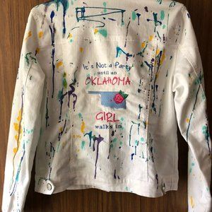 Baccini White Denim Jacket Hand Painted, Embroidered OOAK Size M Oklahoma